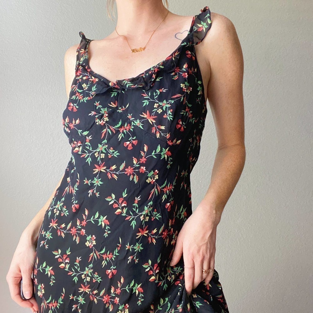 Vintage Black Floral Sweetheart Ruffle Trim Maxi Dress 100% Rayon - Picture 2 of 7